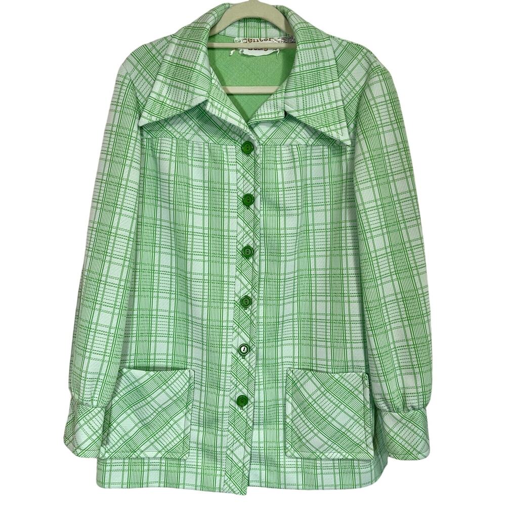 Vintage 70’s Double Knit Green and White Plaid Chore Shirt Jacket Polyester, EUC